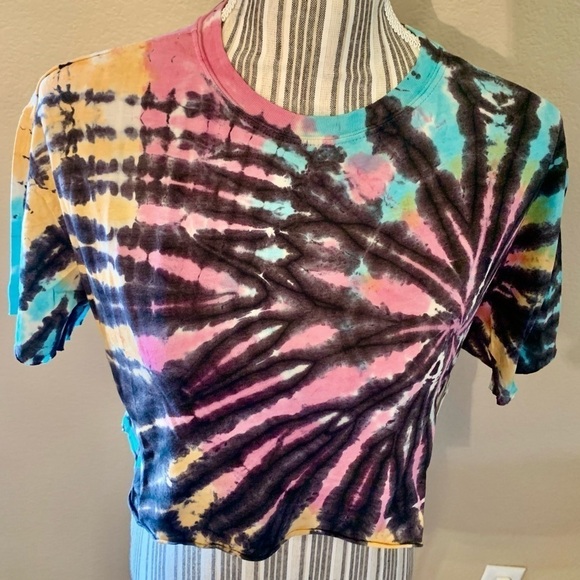 NWT Abound Crop Top Small Tie Dye Cotton Modal Black Teal Pink Yellow Stretch - Picture 2 of 14
